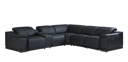 Black Italian Leather Power Reclining U Shaped Six Piece Corner Sectional With Console-1