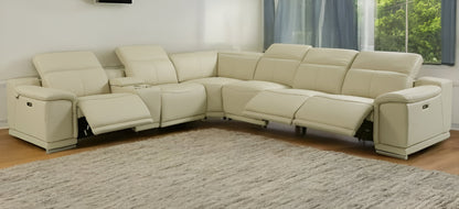 Beige Italian Leather Power Reclining U Shaped Seven Piece Corner Sectional With Console-1