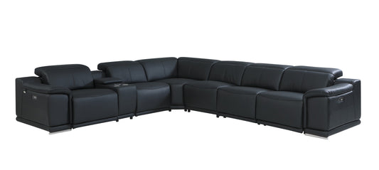 Black Italian Leather Power Reclining U Shaped Seven Piece Corner Sectional With Console-0