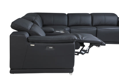 Black Italian Leather Power Reclining U Shaped Seven Piece Corner Sectional With Console-5