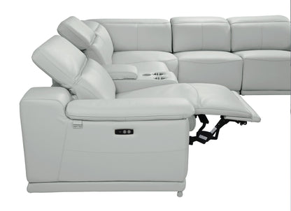 Light Gray Italian Leather Power Reclining U Shaped Seven Piece Corner Sectional With Console-6