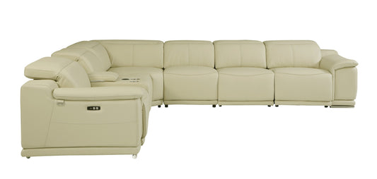 Beige Italian Leather Power Reclining U Shaped Seven Piece Corner Sectional With Console-0