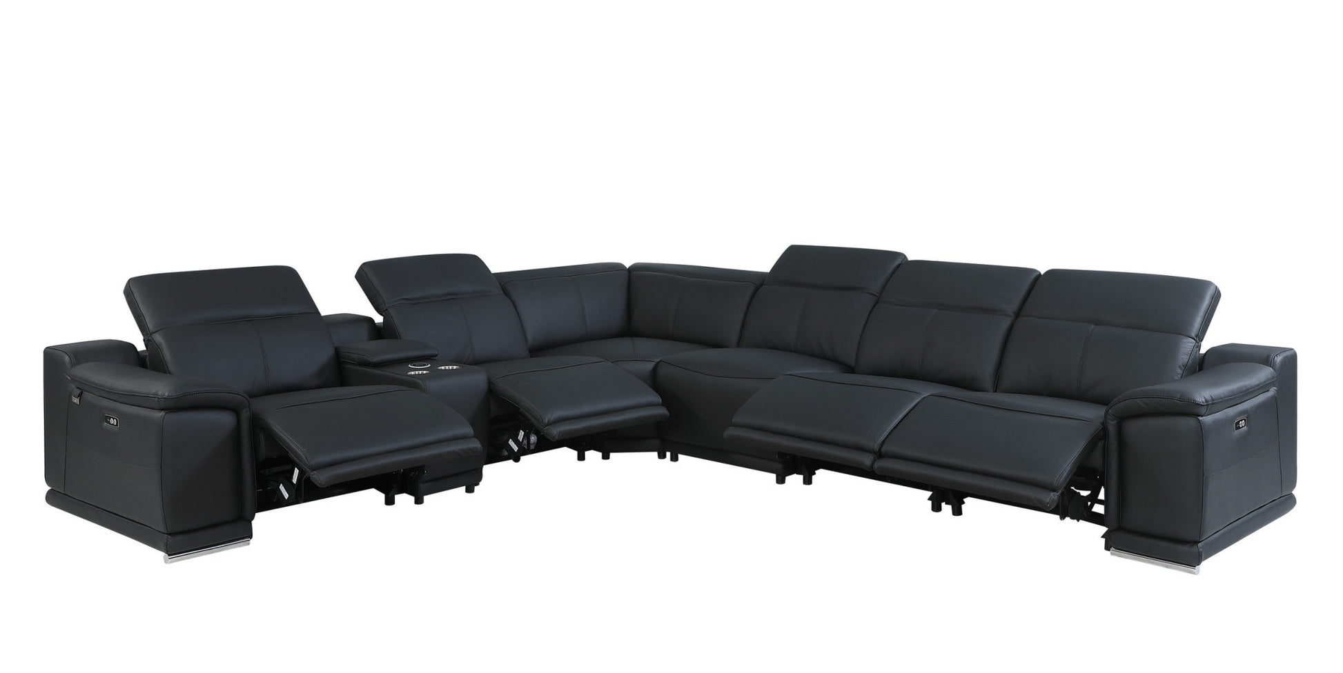 Black Italian Leather Power Reclining U Shaped Seven Piece Corner Sectional With Console-5