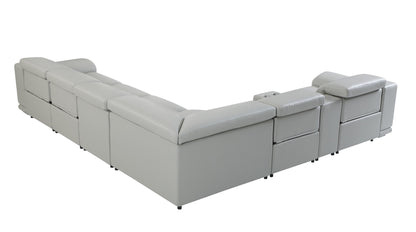 Light Gray Italian Leather Power Reclining U Shaped Seven Piece Corner Sectional With Console-5