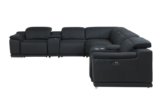 Black Italian Leather Power Reclining U Shaped Eight Piece Corner Sectional With Console-0