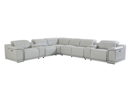 Light Gray Italian Leather Power Reclining U Shaped Eight Piece Corner Sectional With Console-0