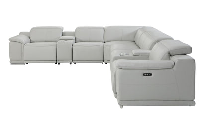 Light Gray Italian Leather Power Reclining U Shaped Eight Piece Corner Sectional With Console-2