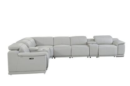 Light Gray Italian Leather Power Reclining U Shaped Eight Piece Corner Sectional With Console-3