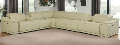 Beige Italian Leather Power Reclining U Shaped Eight Piece Corner Sectional With Console-1