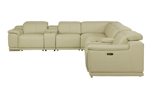 Beige Italian Leather Power Reclining U Shaped Eight Piece Corner Sectional With Console-0