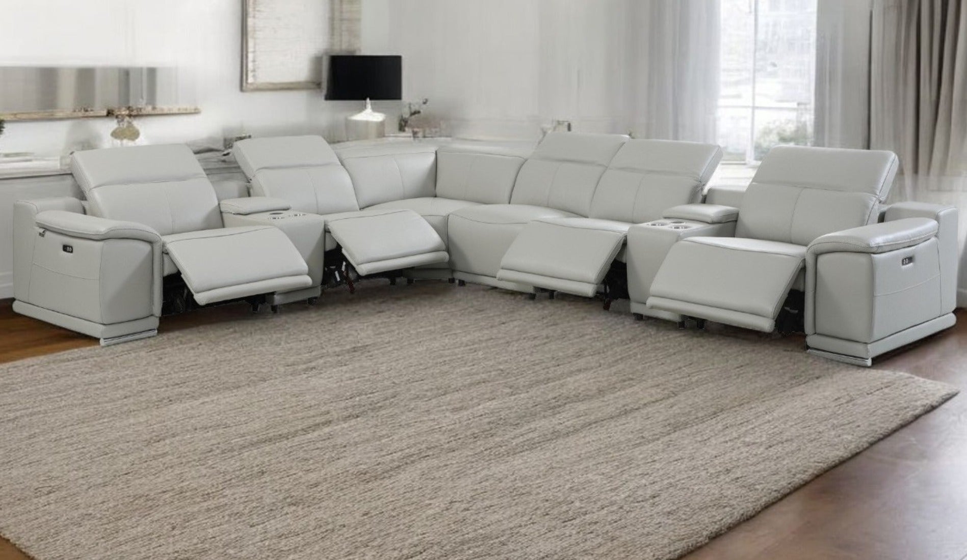 Light Gray Italian Leather Power Reclining U Shaped Eight Piece Corner Sectional With Console-1