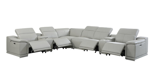 Light Gray Italian Leather Power Reclining U Shaped Eight Piece Corner Sectional With Console-0