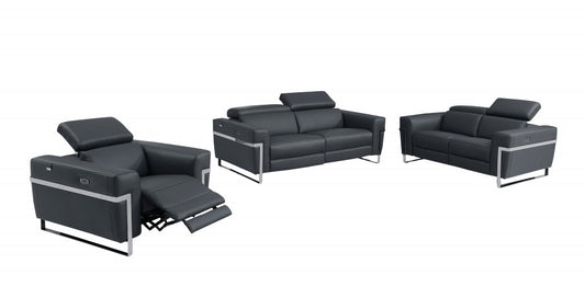 Three Piece Indoor Dark Gray Italian Leather Six Person Seating Set-0