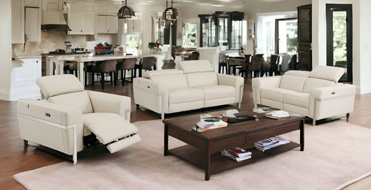 Three Piece Indoor Beige Italian Leather Six Person Seating Set-0