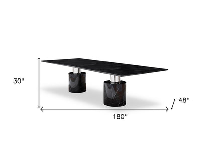180" Black Marble Double Pedestal Base Dining Table-4