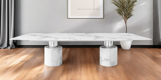 180" White Marble Double Pedestal Base Dining Table-0