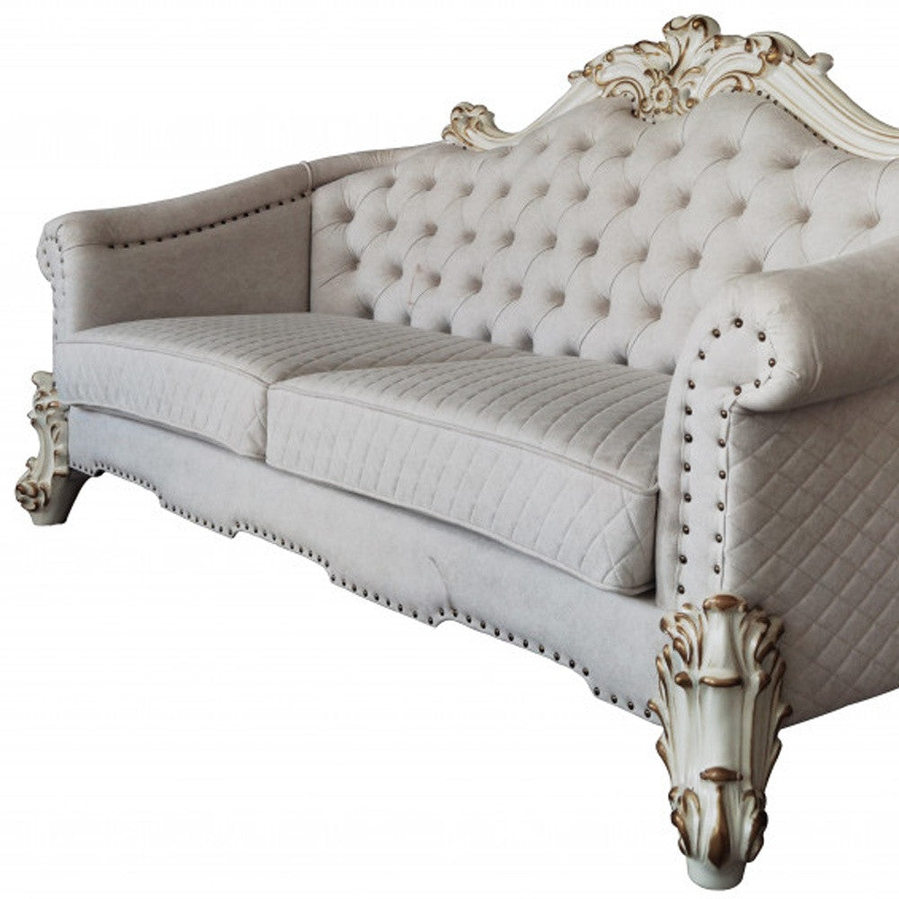 89" Ivory Velvet Sofa And Toss Pillows With Pearl Legs-3
