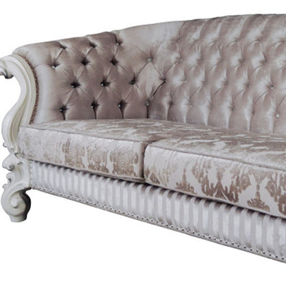 99" Ivory Velvet Damask Sofa And Toss Pillows With Bone Legs-2