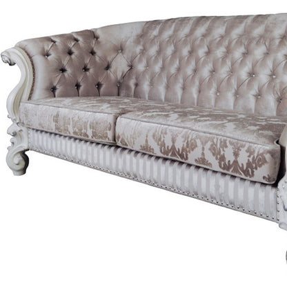 99" Ivory Velvet Damask Sofa And Toss Pillows With Bone Legs-3