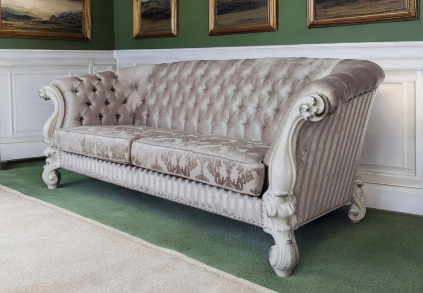 99" Ivory Velvet Damask Sofa And Toss Pillows With Bone Legs-0