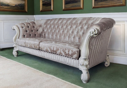 99" Ivory Velvet Damask Sofa And Toss Pillows With Bone Legs-0