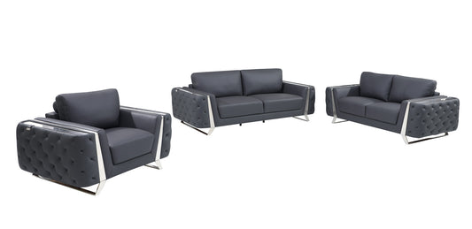 Three Piece Indoor Dark Gray Italian Leather Six Person Seating Set-0