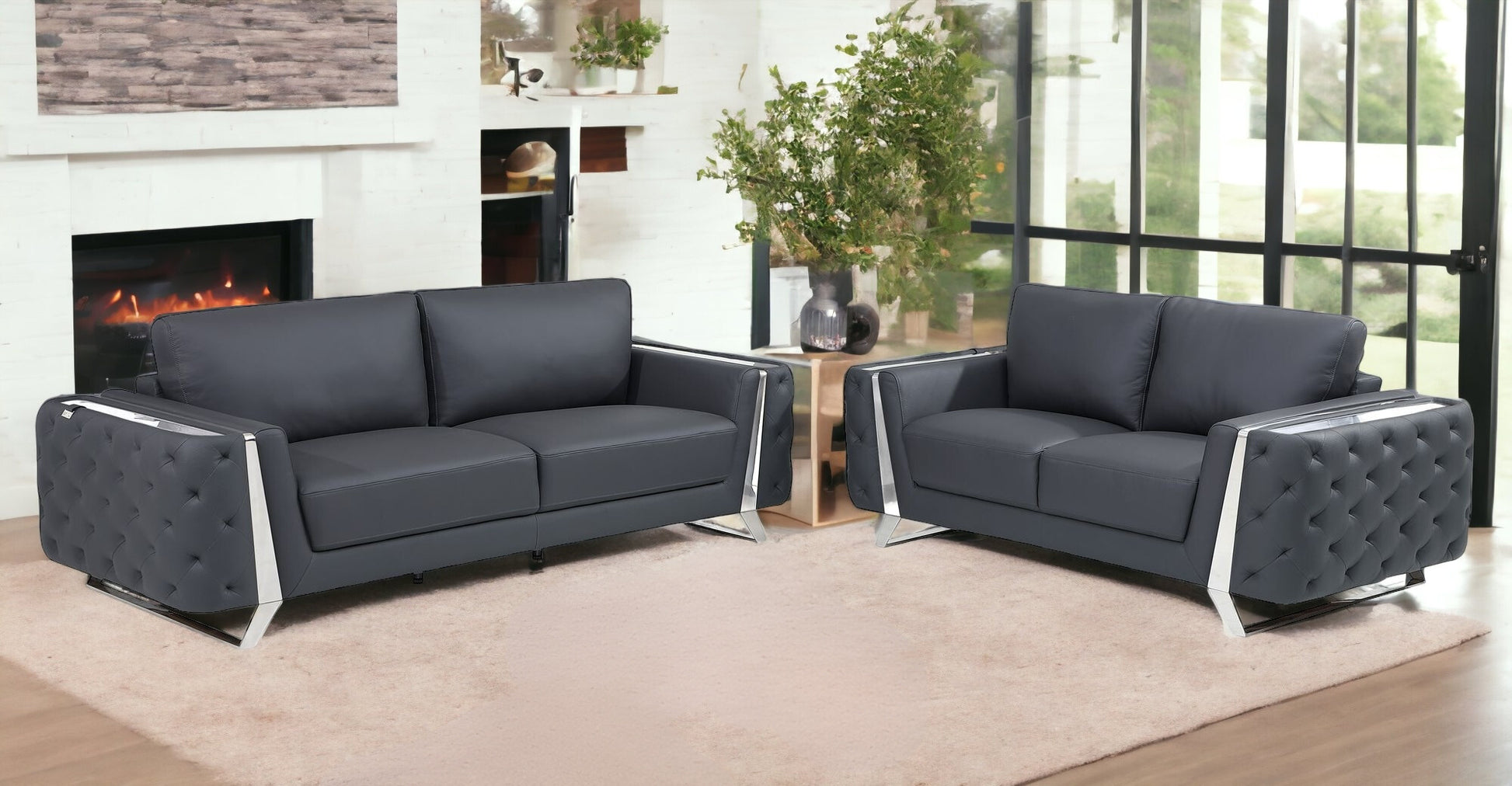 Two Piece Indoor Dark Gray Italian Leather Five Person Seating Set-1