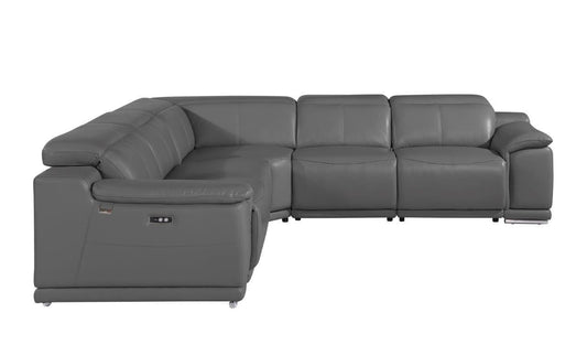Gray Italian Leather Power Reclining U Shaped Five Piece Corner Sectional With Console-0