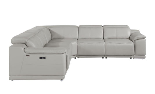 Light Gray Italian Leather Power Reclining U Shaped Five Piece Corner Sectional With Console-0