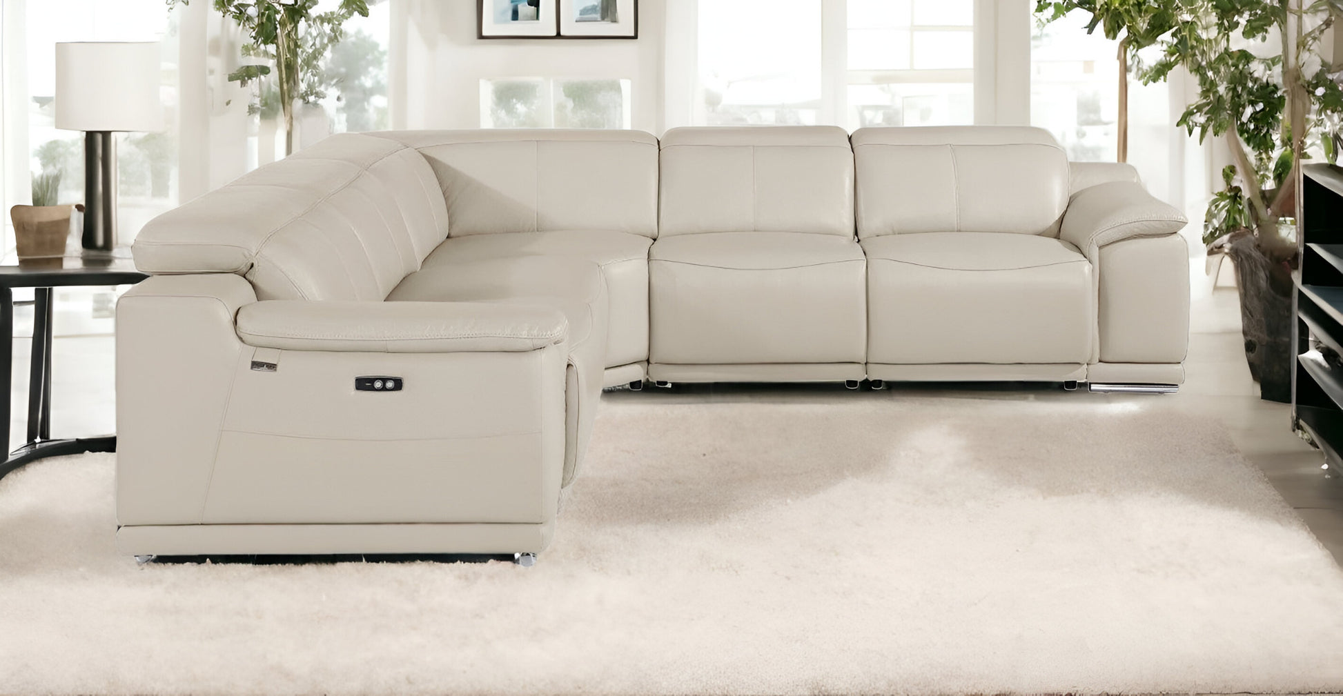 Beige Italian Leather Power Reclining U Shaped Five Piece Corner Sectional With Console-1