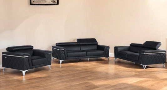 Three Piece Black Italian Leather Five Person Seating Set-0