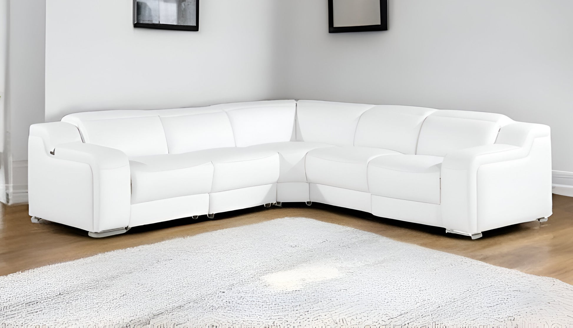 White Italian Leather Power Reclining L Shaped Five Piece Corner Sectional-1