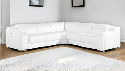 White Italian Leather Power Reclining L Shaped Five Piece Corner Sectional-1