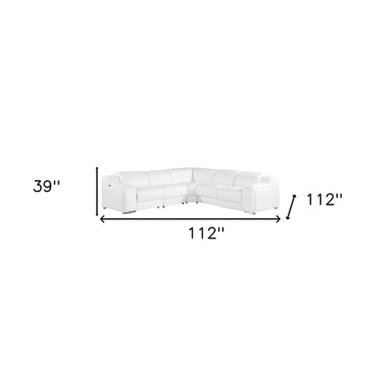 White Italian Leather Power Reclining L Shaped Five Piece Corner Sectional-8
