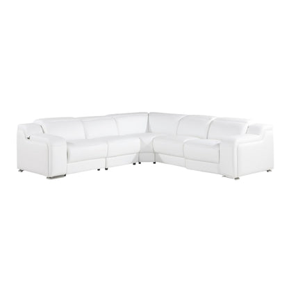 White Italian Leather Power Reclining L Shaped Five Piece Corner Sectional-0