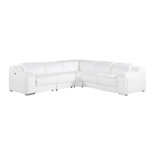 White Italian Leather Power Reclining L Shaped Five Piece Corner Sectional-0