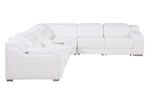 White Italian Leather Power Reclining L Shaped Six Piece Corner Sectional With Console-0