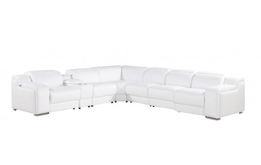 White Italian leather 4 power reclining seats L shaped Seven Piece Corner Sectional With Console-0