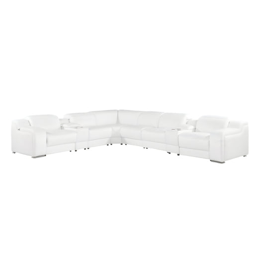 White Italian Leather 3 Power Reclining L Shaped Eight Piece Corner Sectional With Console-0