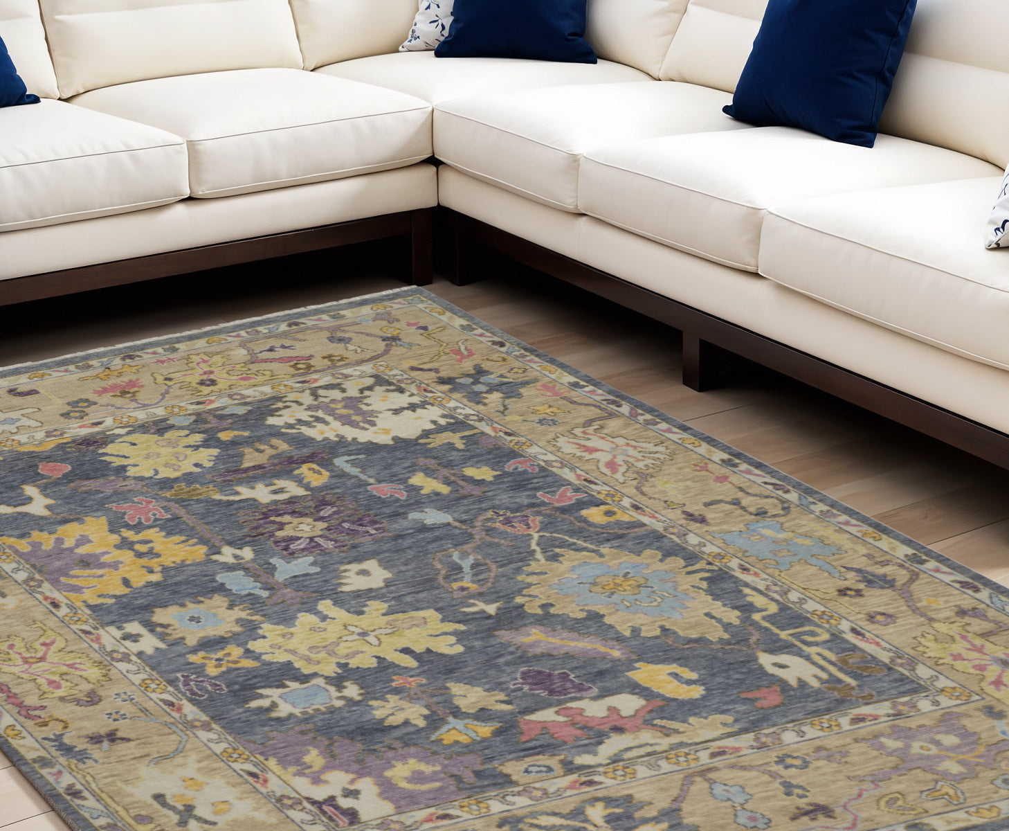 12' X 15' Gold Blue and Purple Wool Oriental Hand Knotted Area Rug With Fringe-0