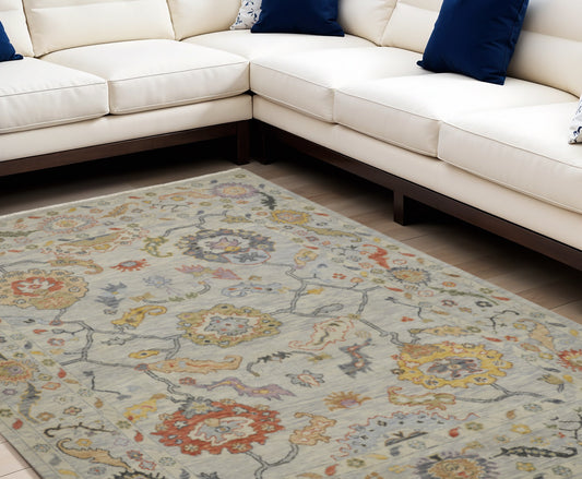 12' X 15' Gray Red and Yellow Wool Oriental Hand Knotted Area Rug With Fringe-0