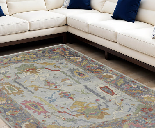 12' X 15' Gray Blue and Gold Wool Oriental Hand Knotted Area Rug With Fringe-0