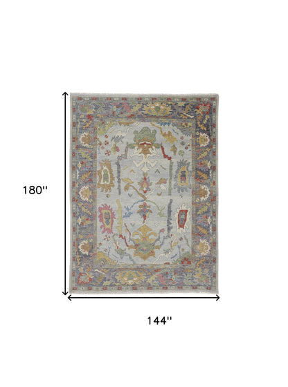 12' X 15' Gray Blue and Gold Wool Oriental Hand Knotted Area Rug With Fringe-2