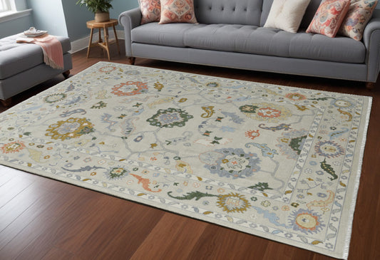 12' X 15' Gray Ivory and Gold Wool Floral Hand Knotted Area Rug With Fringe-0