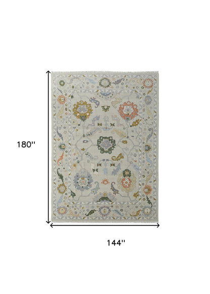 12' X 15' Gray Ivory and Gold Wool Floral Hand Knotted Area Rug With Fringe-2