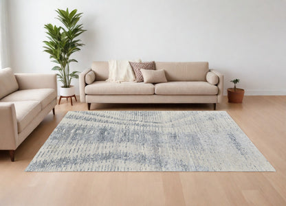 9' X 13' Ivory Gray and Blue Abstract Hand Knotted Worn Faded Area Rug-1