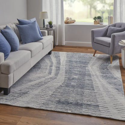 9' X 13' Ivory Gray and Blue Abstract Hand Knotted Worn Faded Area Rug-7