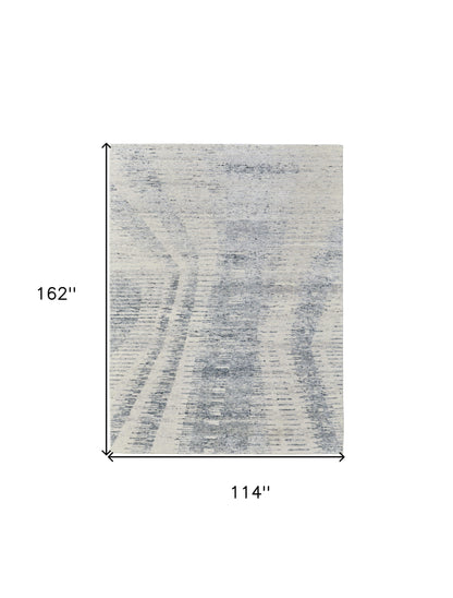 9' X 13' Ivory Gray and Blue Abstract Hand Knotted Worn Faded Area Rug-8