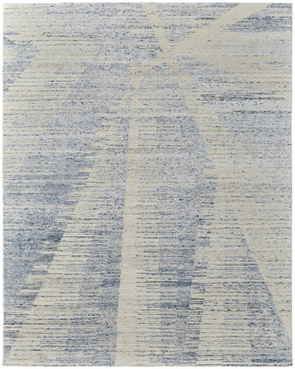 9' X 13' Ivory Blue And Silver Abstract Hand Knotted Distressed Area Rug-0