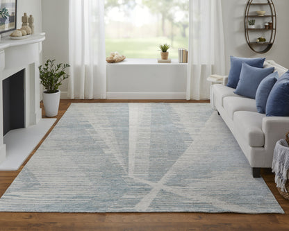 12' X 15' Blue Ivory And Silver Abstract Hand Knotted Distressed Area Rug-8